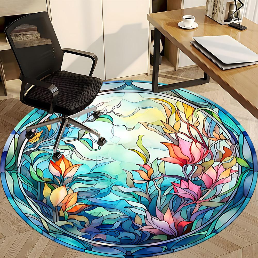 1pc Floral Stained Glass Office Round Area Rug, Under Office Chairs Bedroom Living Room Home Decor, Room Deco