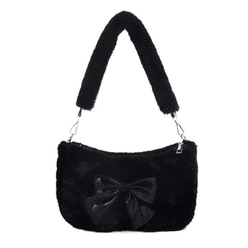 Handheld Fluffy Women's Bag, New Autumn and Winter Plush Bag, Cute Bow Small Square Bag, Shoulder Messenger Bag.