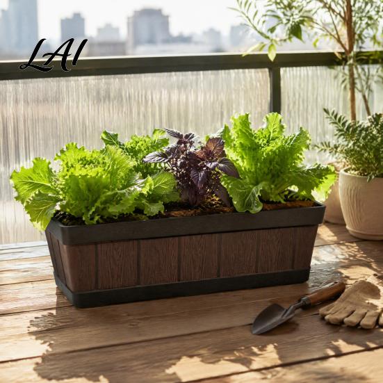 Large Capacity Gardening Pots for Flowers 18 Inch Rectangular Planter Box Imitation Wood Grain Window Box Planter Plastic Vegetables Portable Flower