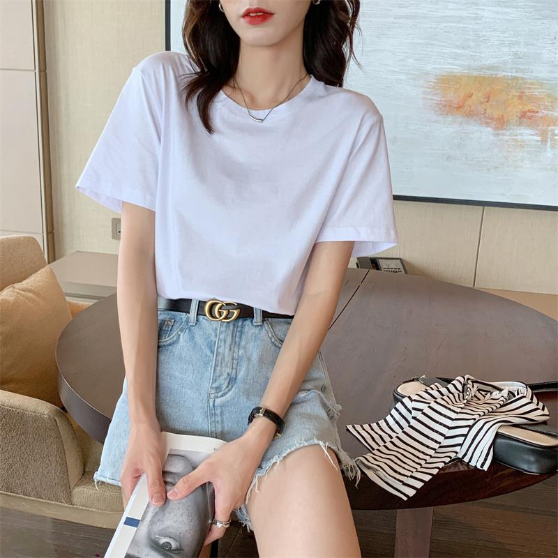 Pure cotton versatile t-shirt women's short sleeved new loose and thin style with solid color inside, slimming top JS