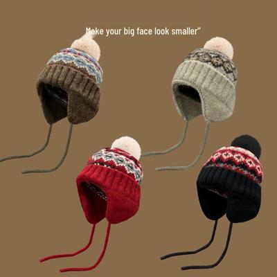 Женская шерстяная шапка-бини с ушками в стиле Fair Isle - Толстая, теплая и модная для осени и зимы.