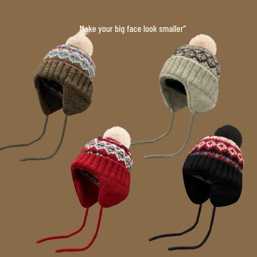 Женская шерстяная шапка-бини с ушками в стиле Fair Isle - Толстая, теплая и модная для осени и зимы.