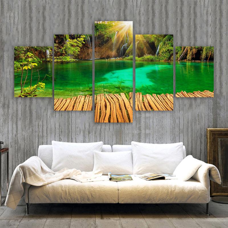 5 Panels Landscape Waterfall Posters and Prints Canvas Painting Wall Art Pictures Living Room Home Decor Lake Tree No Frame