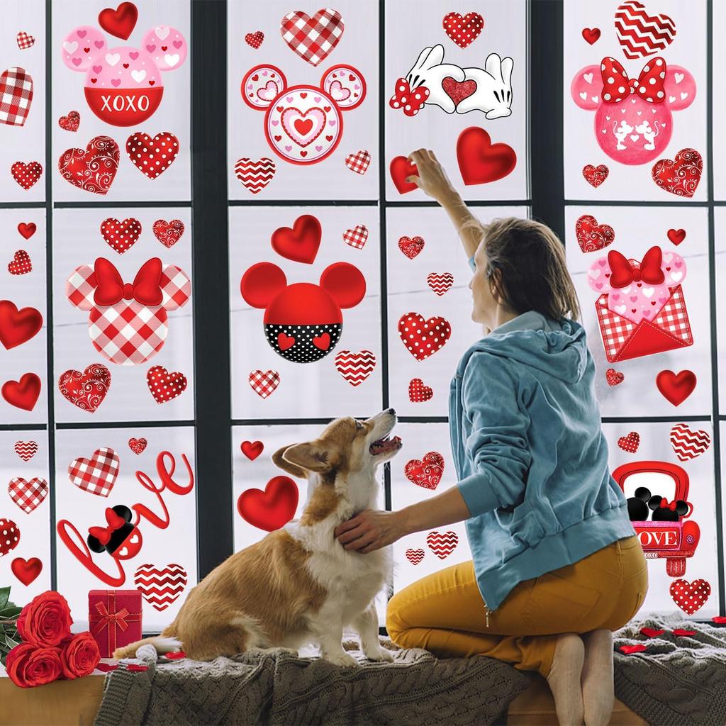 Red and Pink Valentine's Day Mouse Sticker Decals, 77pcs Reble Waterproof PVC Window Decorations for Home Party Supplies