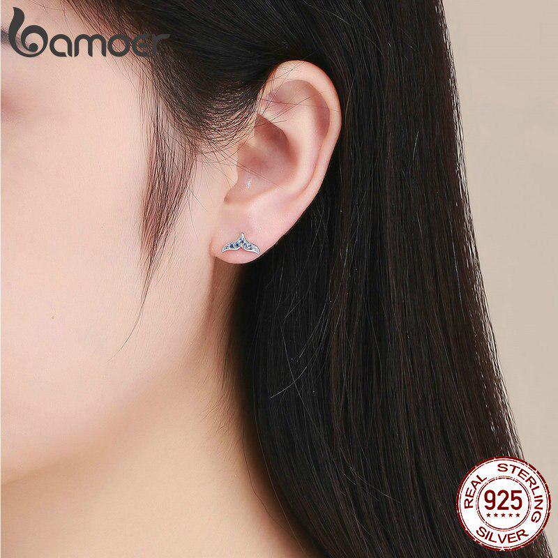 Маленькие серьги-гвоздики BAMOER из стерлингового серебра 925 пробы с синим цирконом «Рыбий хвост» для женщин