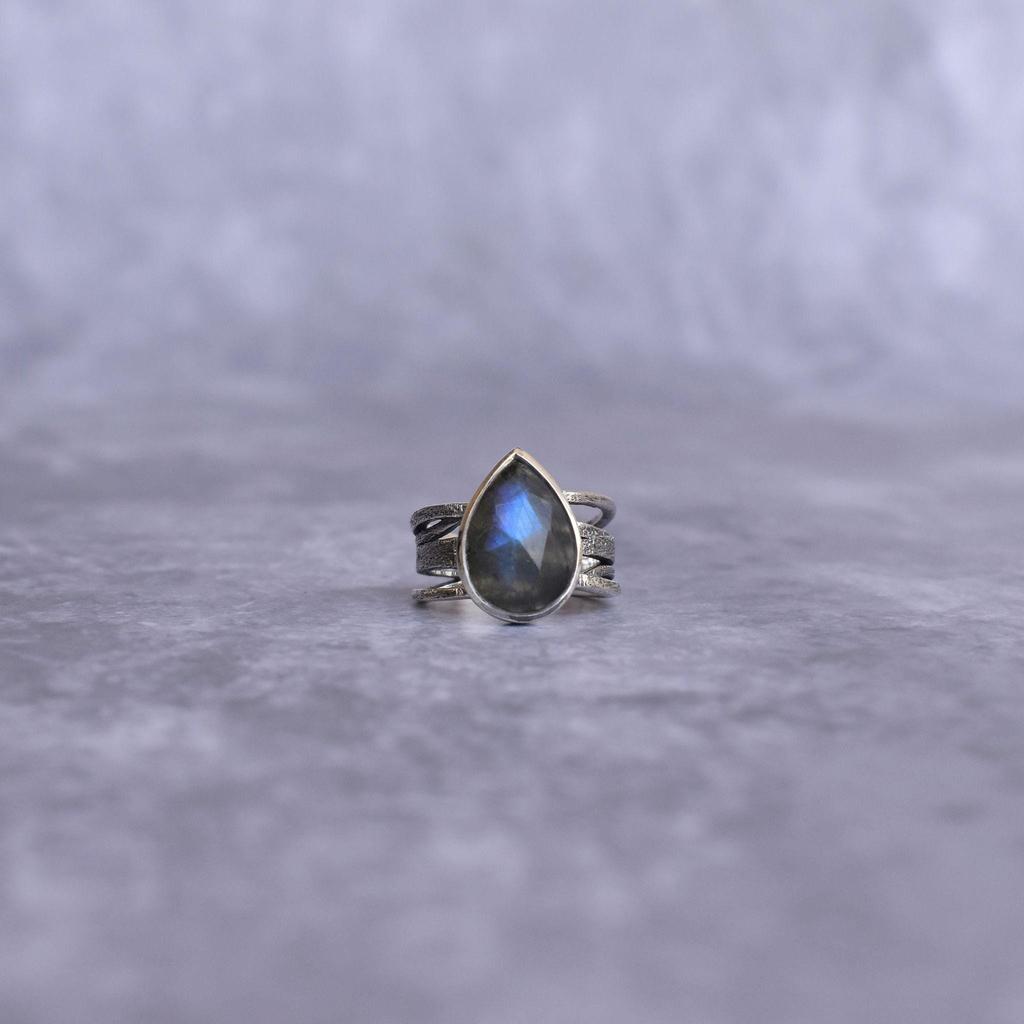 Natural Labradorite Ring Silver Oxidized Handmade Ring Teardrop Labradorite Ring Rose Cut Gemstone Ring Statement Ring Unique Gifts