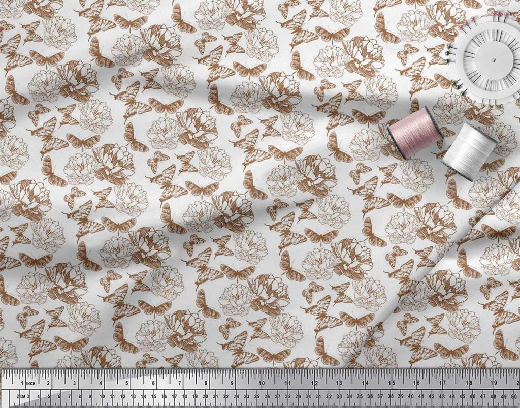 Soimoi Poly Crepe Fabric Butterfly & Peony Floral Printed Craft Fabric by the metre 42 Inch