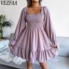 VEZFAA Женская мода весна осень однотонный принт длинный рукав квадратный воротник высокая талия повседневные платья