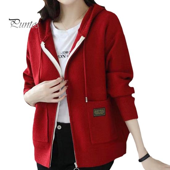 Осень-зима Женское пальто с капюшоном, завязками, длинными рукавами, карманами, плотный, сохраняющий тепло, однотонный кардиган на молнии, повседневная трикотажная куртка