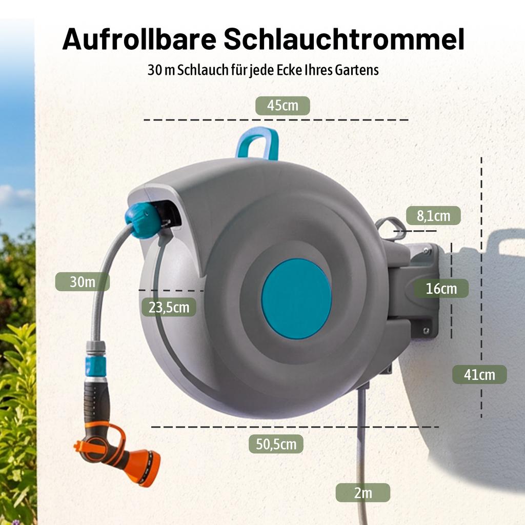 30m Automatic Garden Hose Reel Wall-Mounted, 9-Way Spray Gun, UV-Resistant, Frost-Resistant