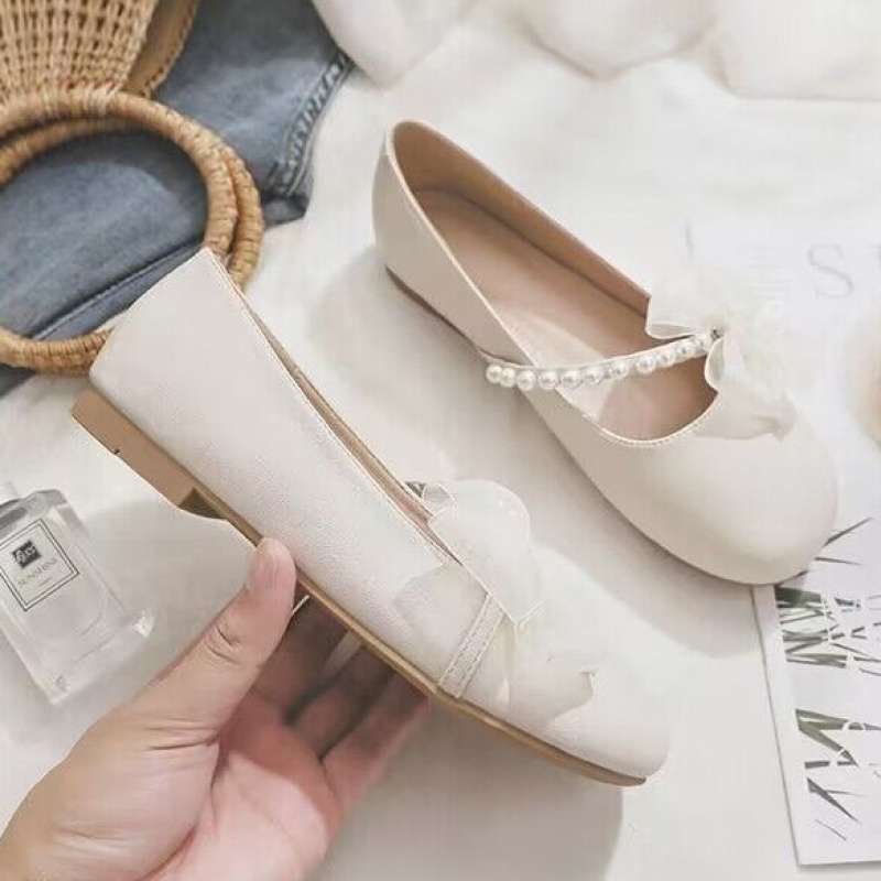 Fairy with Skirt 2025 Spring New Women's Single Shoes Lace Versatile Pearl Round Head Flat Bottom Mary Jane Doudou Shoes