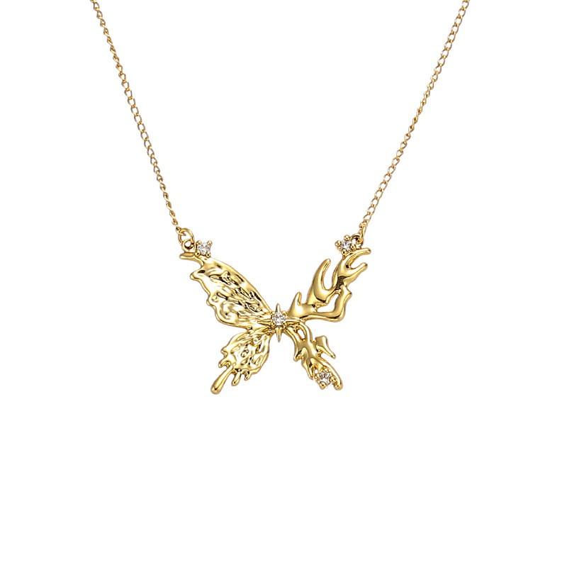 French Vintage Clover Necklace Earrings Set Zircon Butterfly Pendant Long Chain Women