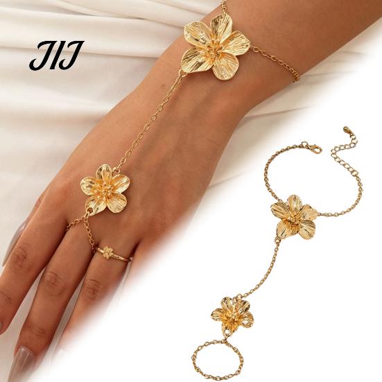 Integrated Ring Bracelet Gold Flower Hand Chain Link with Finger for Matte Gilt Women Women, Hibiscus Flowers O Bracelet, Floral Fairy Jewelry
