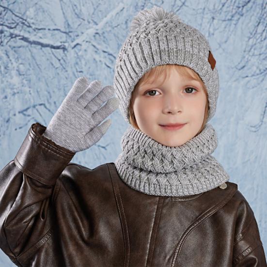Kids Winter Hat Gloves Scarf Set Girls Boys Knit Hat with Pom Neck Warmer Mittens Set Toddlers Cold Weather Accessories for Kids 4-10 Years