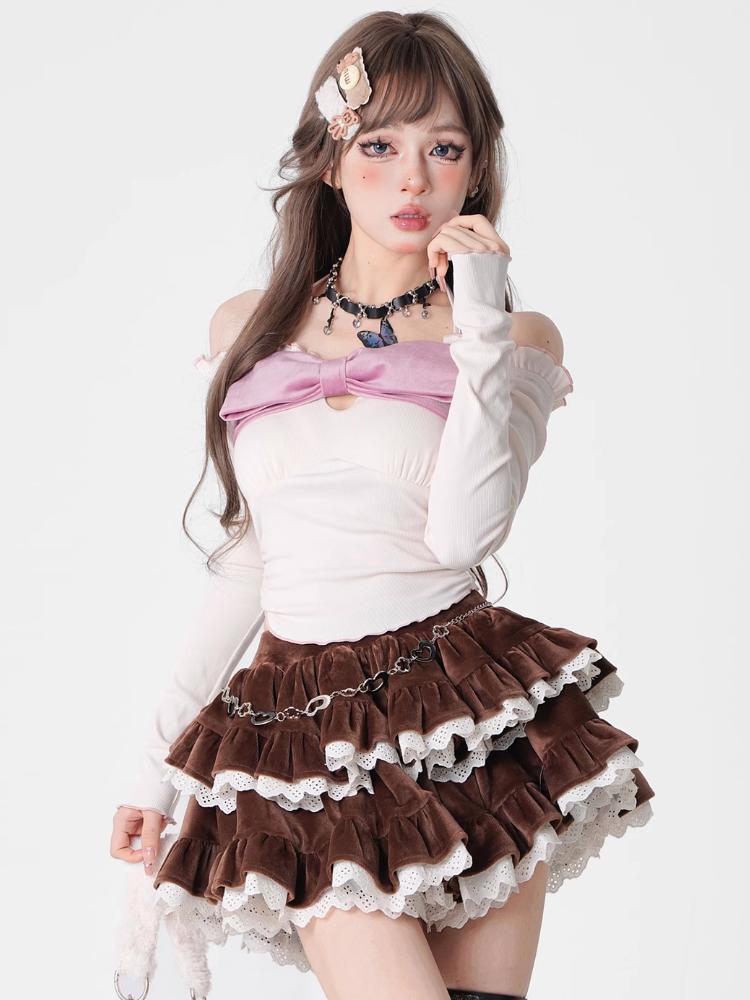 Коричневая вельветовая мини-юбка, милая, милая женская юбка-тортик, с рюшами и строчкой по краю, Лолита, готика, Y2K, American Spicy Girl