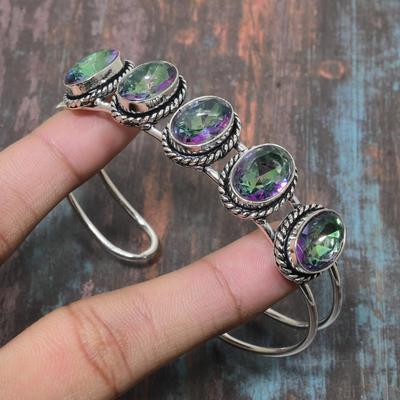 Браслет-манжета из стерлингового серебра 925 пробы ручной работы Mystic Topaz Gemstone, регулируемый для нее