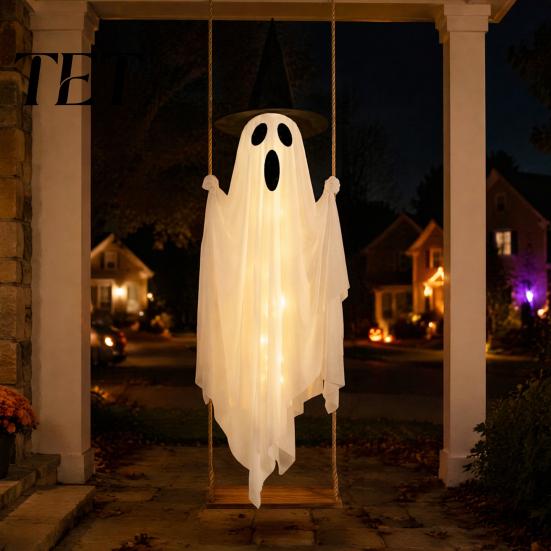 Adjustable Height Hanging Spirit Luminous Halloween Swing Ghost with Witch Hat, Remote-controlled Spooky Holiday Yard Decorations Brightness,
