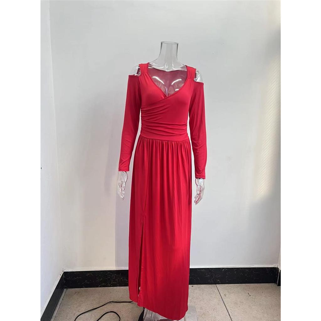 Женское элегантное платье с длинным рукавом и V-образным вырезом