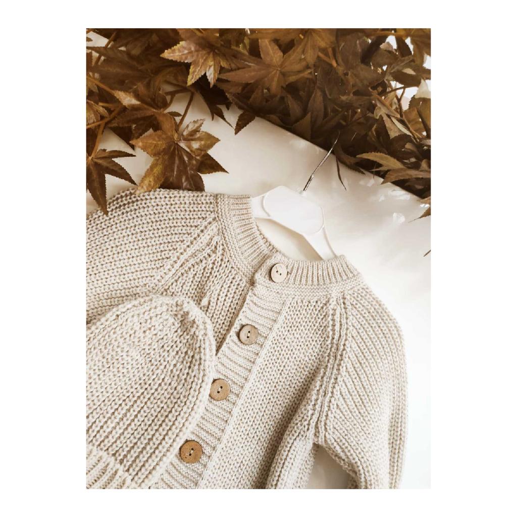 Buttoned Beige Thessaloniki Knitted Knitted Baby Jumpsuit With Hat