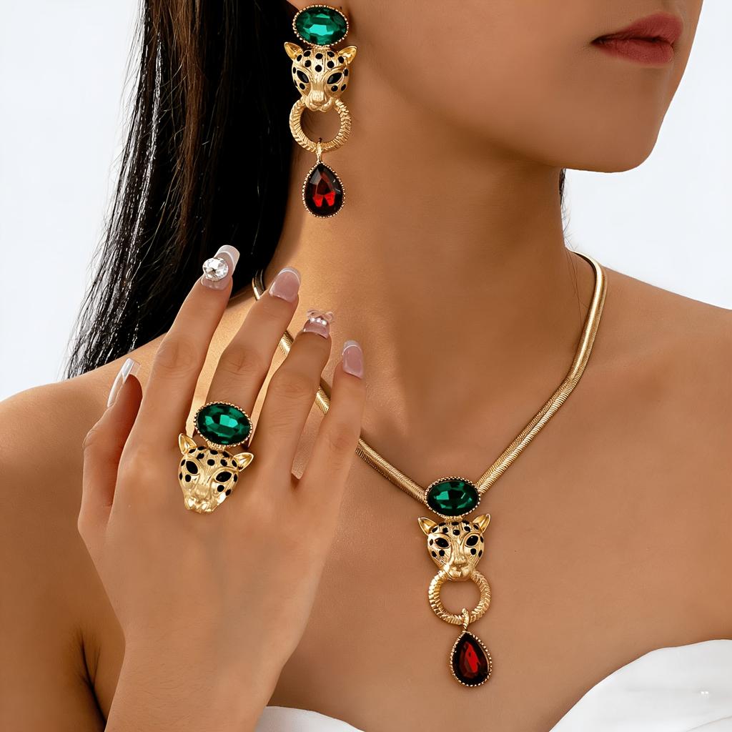3Vintage-style cheetah-shaped jewelry set with green and red inlays, gold necklace, earrings, and ring, women's accessory combination suitable for