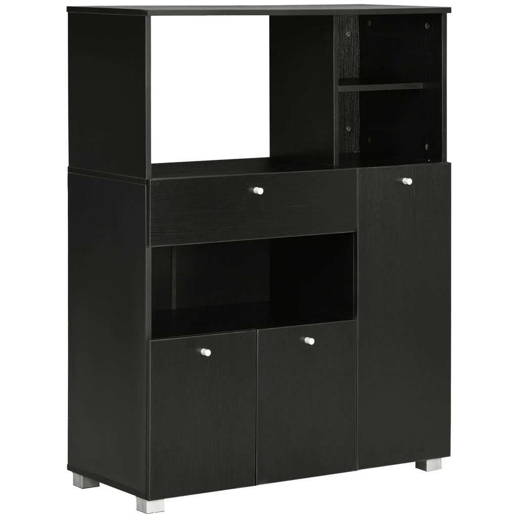 Multilevel Microwave Cabinet With 2 Cupboards 4 Niches Sliding Drawer Dimensions 90L X 40W X 120H Cm In Black Wood