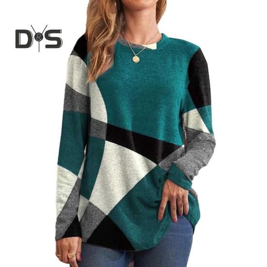 Женские топы с геометрическим узором и лоскутным узором, с круглым вырезом, длинными рукавами, декором из пуговиц, повседневная блузка, свободный крой, туника