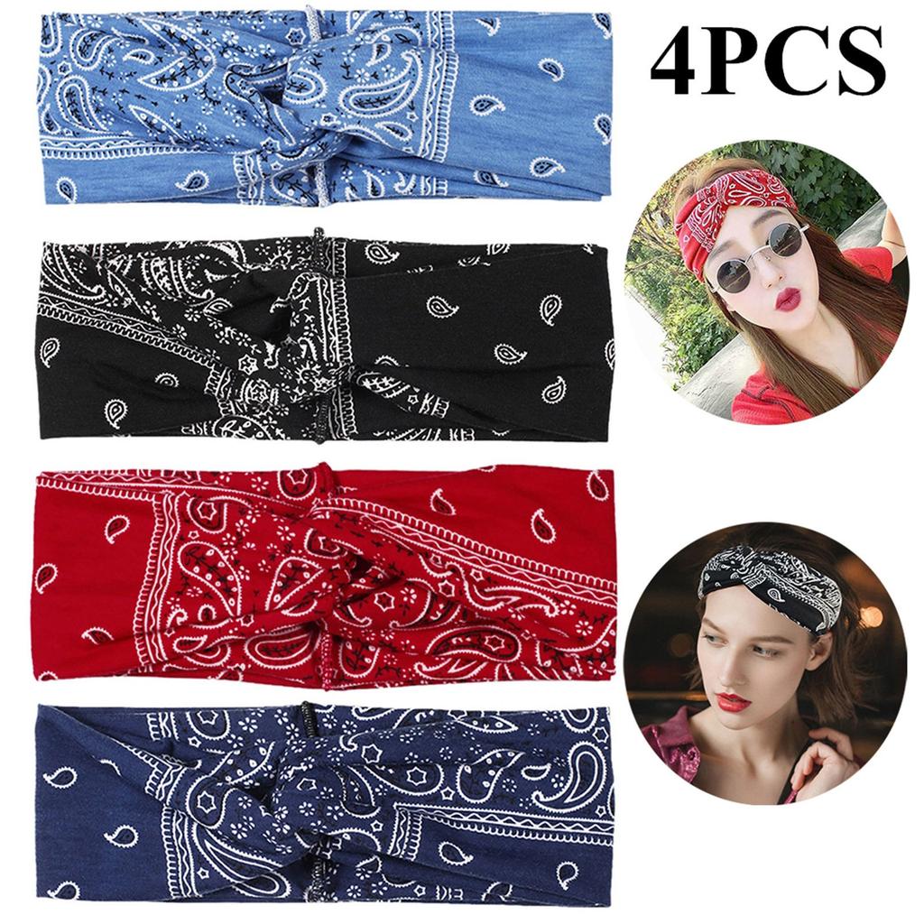 4PCS Boho Headbands For Women, Kapmore Vintage Bandana Flower Printed Head Wrap Twisted Hair Accessories