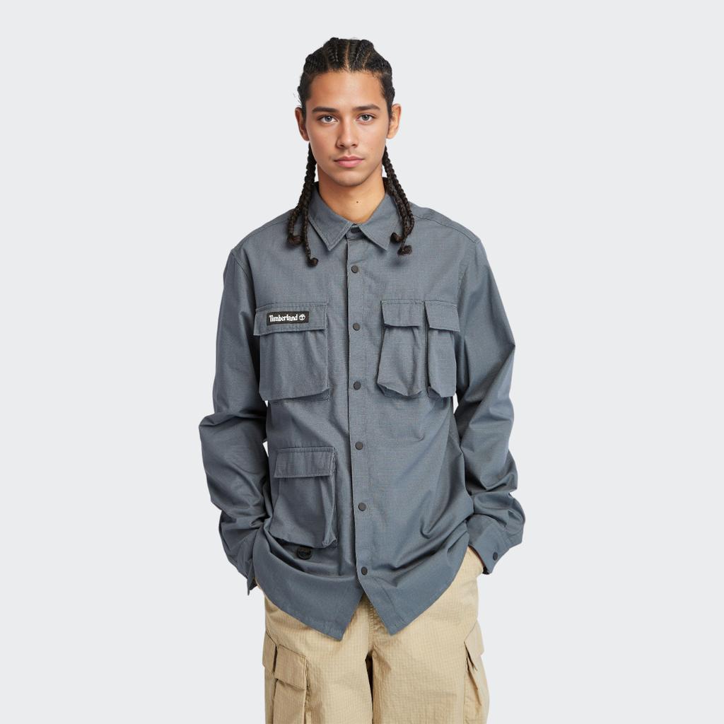Timberland Solid Color Multi Pocket Outdoor Water Resistant Casual Loose Long Sleeve Shirt Men Shirts Rock-Blue A6Q49-DH3