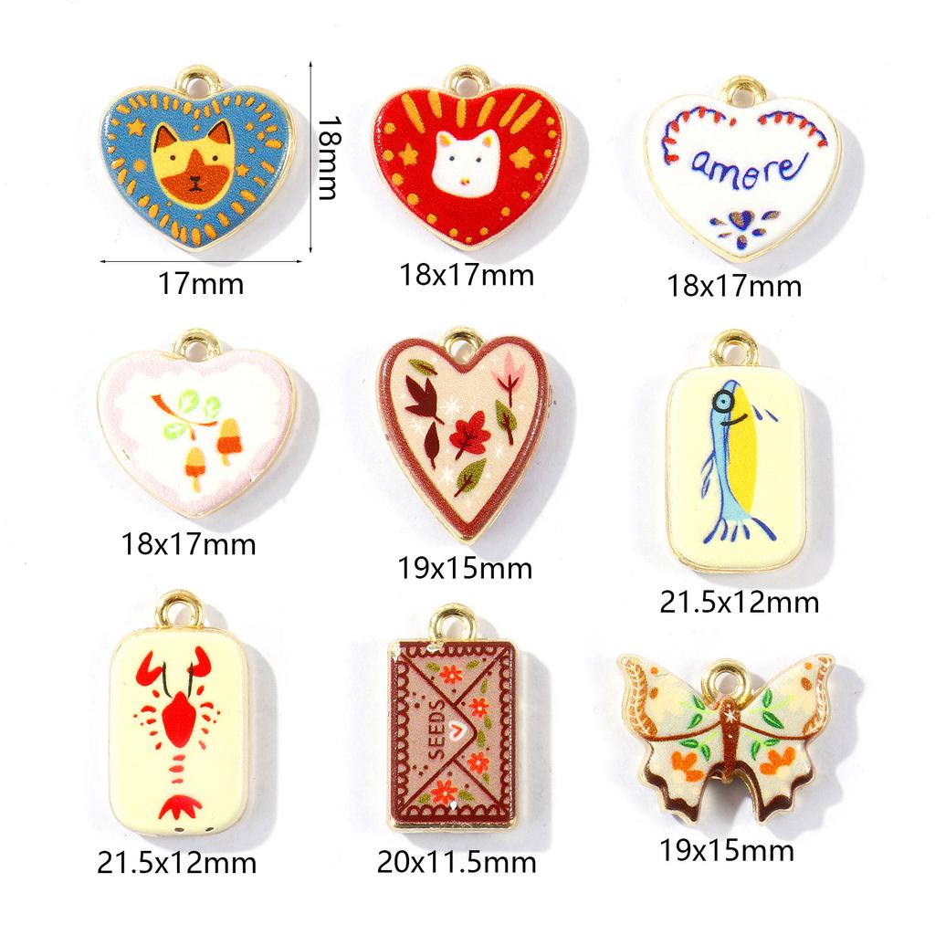 2 PCs Brass Charms Heart Rectangle Double-Sided Flower Lobster Printed 18K Gold Plated Pendants DIY Necklace Jewelry Findings