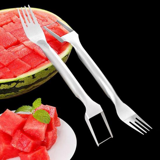 Stainless Steel Fruit Fork Cutter Watermelon Dual Slicer Tool with 2-In-1 Head Fork Lightweight