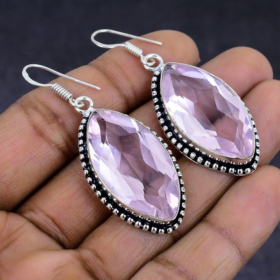Natural Pink Kunzite Gemstone 925 Sterling Silver Jewelry Earring 2.17" O3J77
