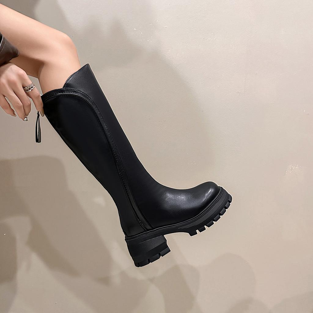 Зимние винтажные женские ботинки-рыцари на платформе, лаконичные туфли из мягкой кожи на толстой подошве, женские эластичные облегающие современные длинные боты