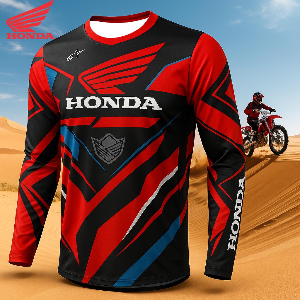 JBH4 Honda Printed Pattern Off-road Motorcycle Jersey Mountain Bike Racing Sport Long Sleeve T-Shirt Breathable Quick Drying Top