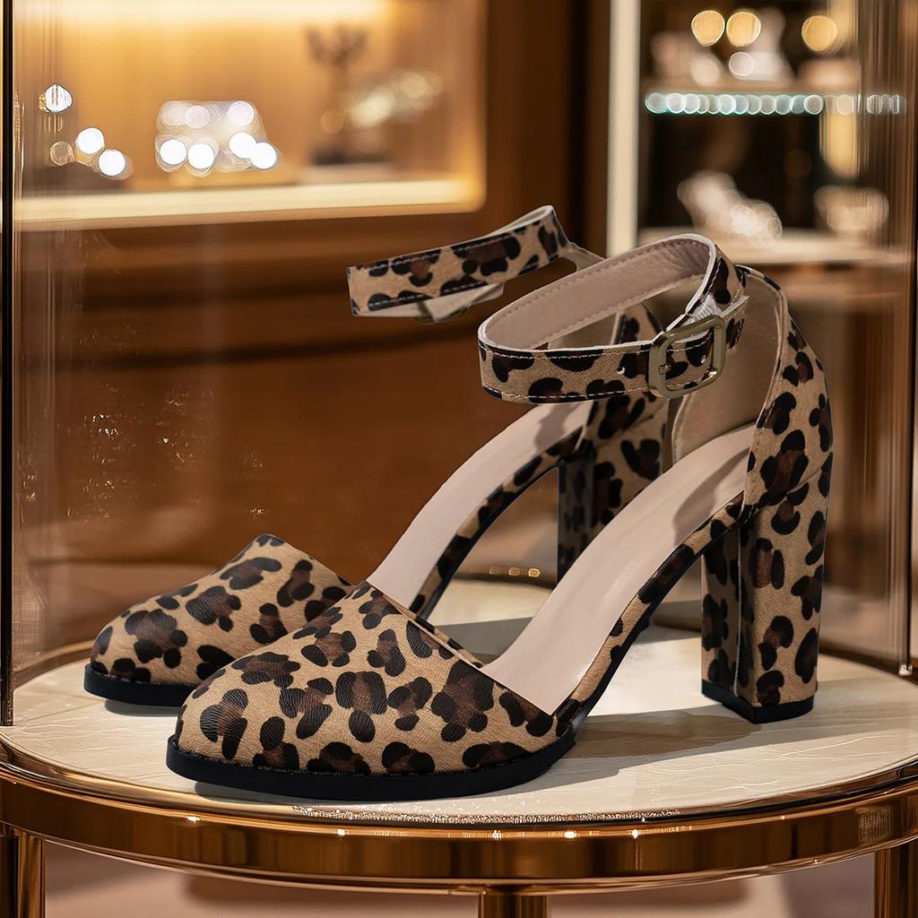 2025 Shoes Ladies Cover Heel Women's High Heels Retro Dress Pumps Women Leopard Chunky Heels Ankle Buckle Strap Plus Size Sandal