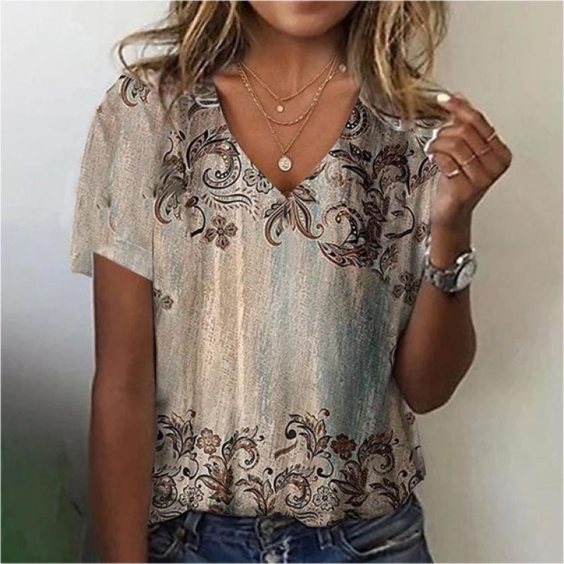 Fashion Women'S T-Shirt 3d Flowers Print Clothing V-Neck Short Sleeve Tops Summer Harajuku Ladies Pullover Oversized Female Tees