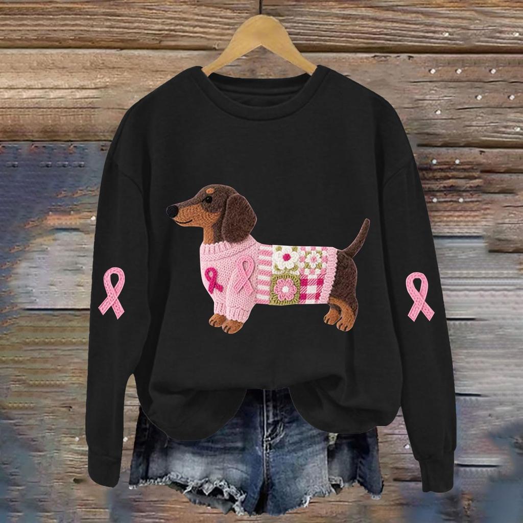 Breast  Sweatshirts For WomenRibbon Breast  Shirt Cute Dog Graphic  Long Sleeve Tops