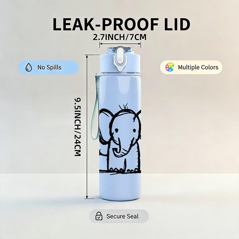 1PC Simple Line Drawing Elephant Print 750ml Color Plastic Sports Water Bottle Leakproof Flip Straw Lid Suitable for Sports Office Home Use
