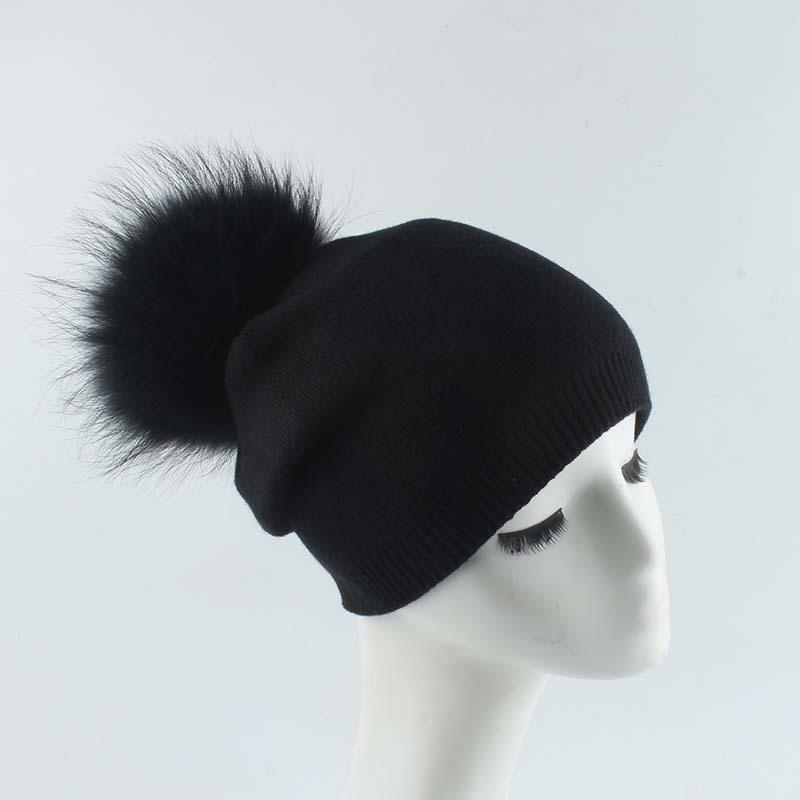 Adult New Raccoon Fur Ball Color Knitted Acrylic Common Fabric Warm Casual Pullover Beanie Hat Liner Unisex Cross-border