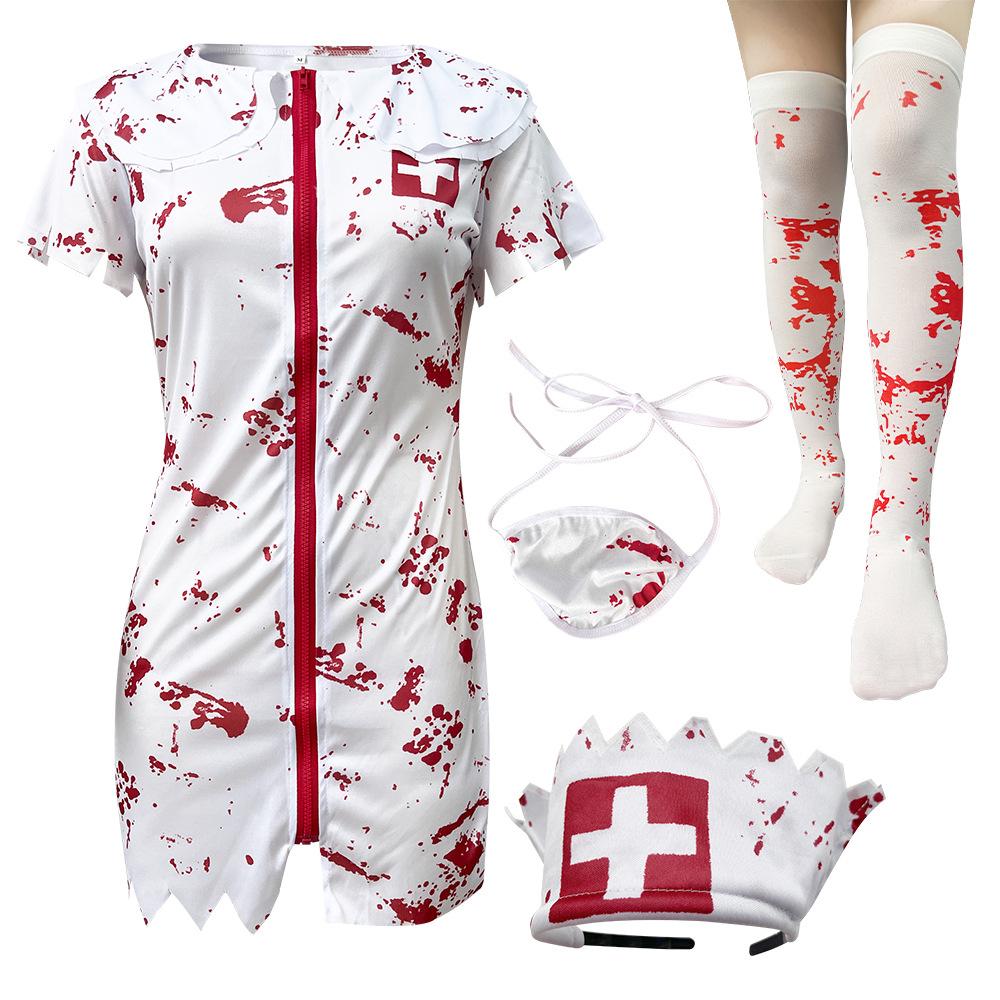 Cosplay Halloween Masquerade Party Uniform, Couple Horror Male Doctor COS Uniform Horror Bloody Female Nurse Uniform Zombie