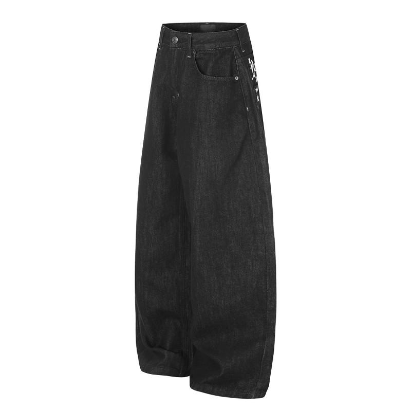American Street Style Curved Jeans Men Women 26 Star Print Loose Wide Leg Denim Pants