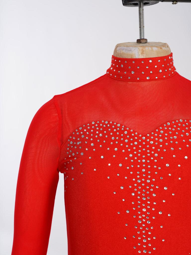 Детский комбинезон для фигурного катания для девочек, блестящий комбинезон со стразами, боди с длинными рукавами, гимнастический танцевальный костюм