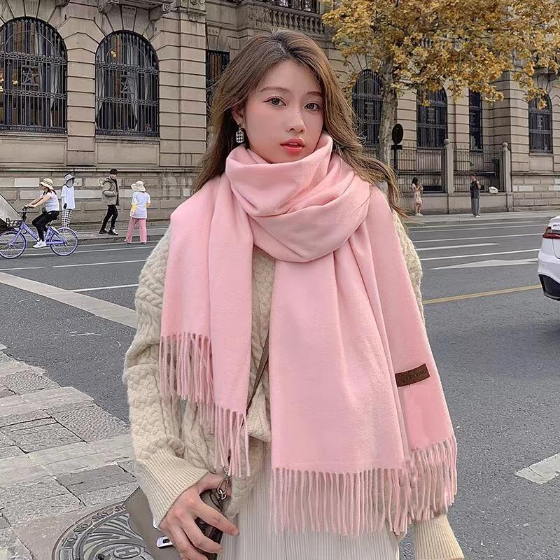 Winter Scarf Women Luxury Autumn Winter Cashmere Scarf Thickened Warm Shawl Classic Tassels Fluffy Scarf Solid Color Soft Shawl