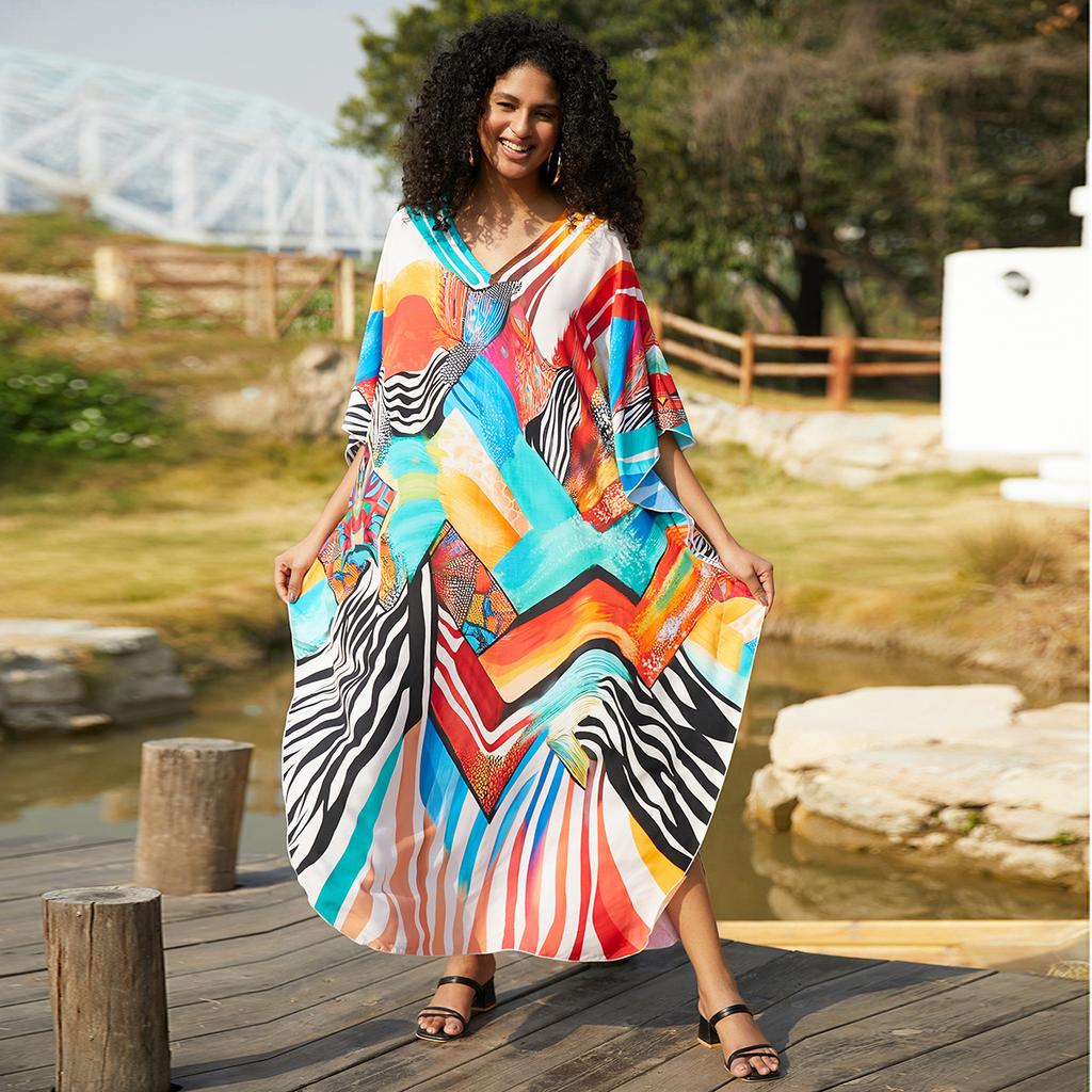 Printed Beach Dresses Viscose Kaftans for Women Summer Plus Size Loose Robe Holiday Living Room Bathing Suits