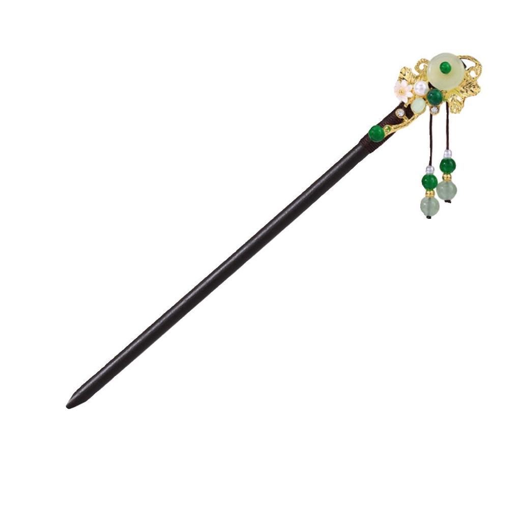 Деревянная шпилька для волос в старинном стиле с зеленой и золотой кисточкой, цветочными и бисерными акцентами для костюма ханьфу