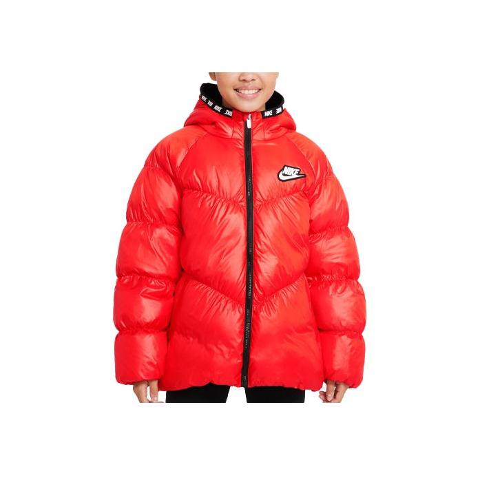 Nike Down Jacket Kids Logo Embroidery Hooded Warm Red Kids Outerwear DO5197-673