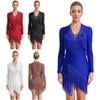 Womens Latin Dance Dress V Neck Long Sleeve Sparkling Rhinestone Fringe Costume for Tango Rumba Cha Cha Performances