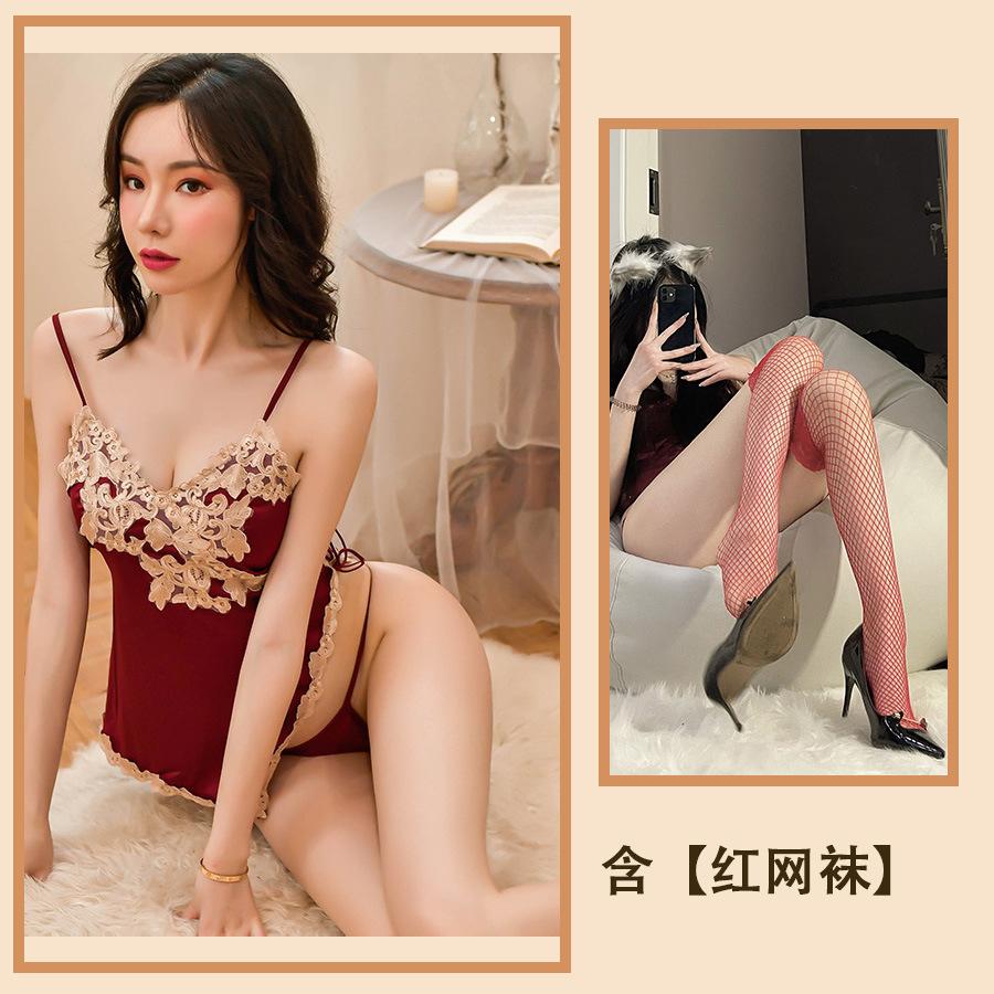 Секс одежда подтяжки ночная рубашка сексуальный кружево французский тело скульптура ледяной шелк пижама униформа полая соблазн