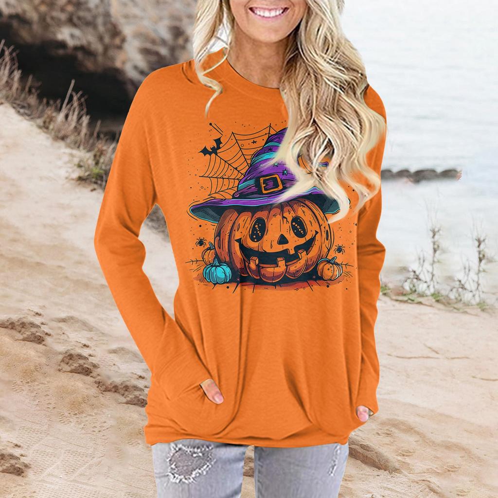 Женская модная повседневная футболка с круглым вырезом и принтом, длинными рукавами и карманами