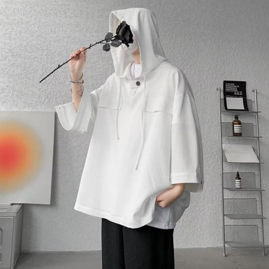 Весенне-летние мужские верхние нагрудные карманы большого размера в стиле хип-хоп, сплошной цвет, с капюшоном, рукава три четверти, тонкая кулиска, мягкая дышащая уличная рубашка, толстовка