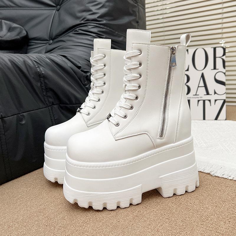 Мода 17 СМ, 13 СМ Женские Ботинки на Платформе Повседневная Уличная Обувь Массивные Простые Ботильоны на Шнуровке Крутые Ботинки для Вечеринки в Ночном Клубе Черные